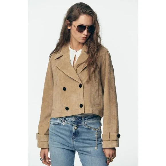 ZARA 100% LEATHER SHORT TRENCH COAT - Picture 6 of 13